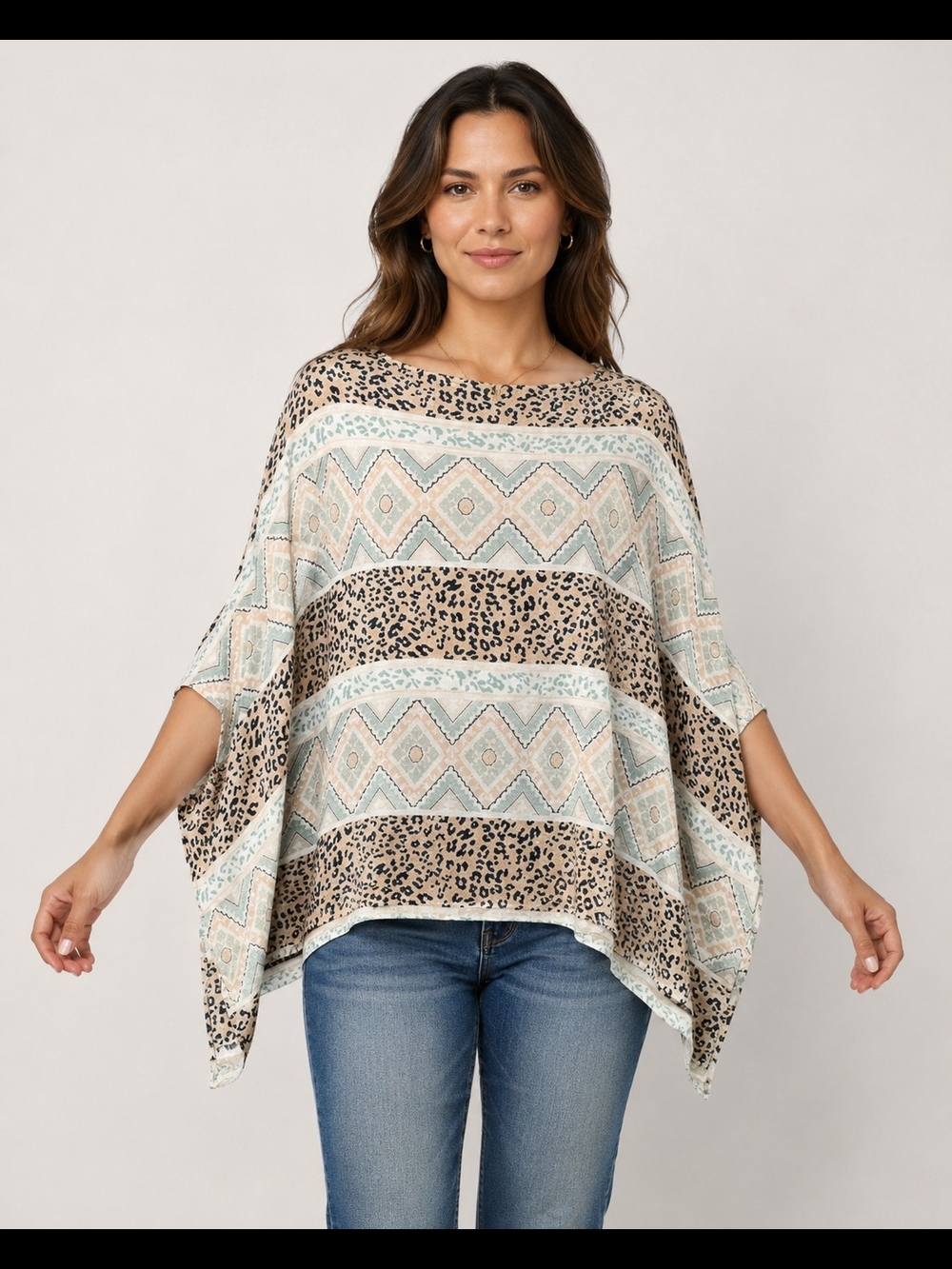 ODDY Boho Animal Print Geometric Poncho Top S/M NWOT